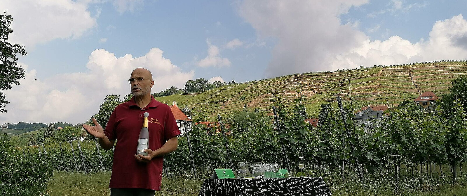 Starten Sie Ihre Weinwanderung genussvoll mit einem guten Tropfen sächsischen Wein zur Begrüßung und stärken sich für den anstehenden Aufstieg in die Weinberge.