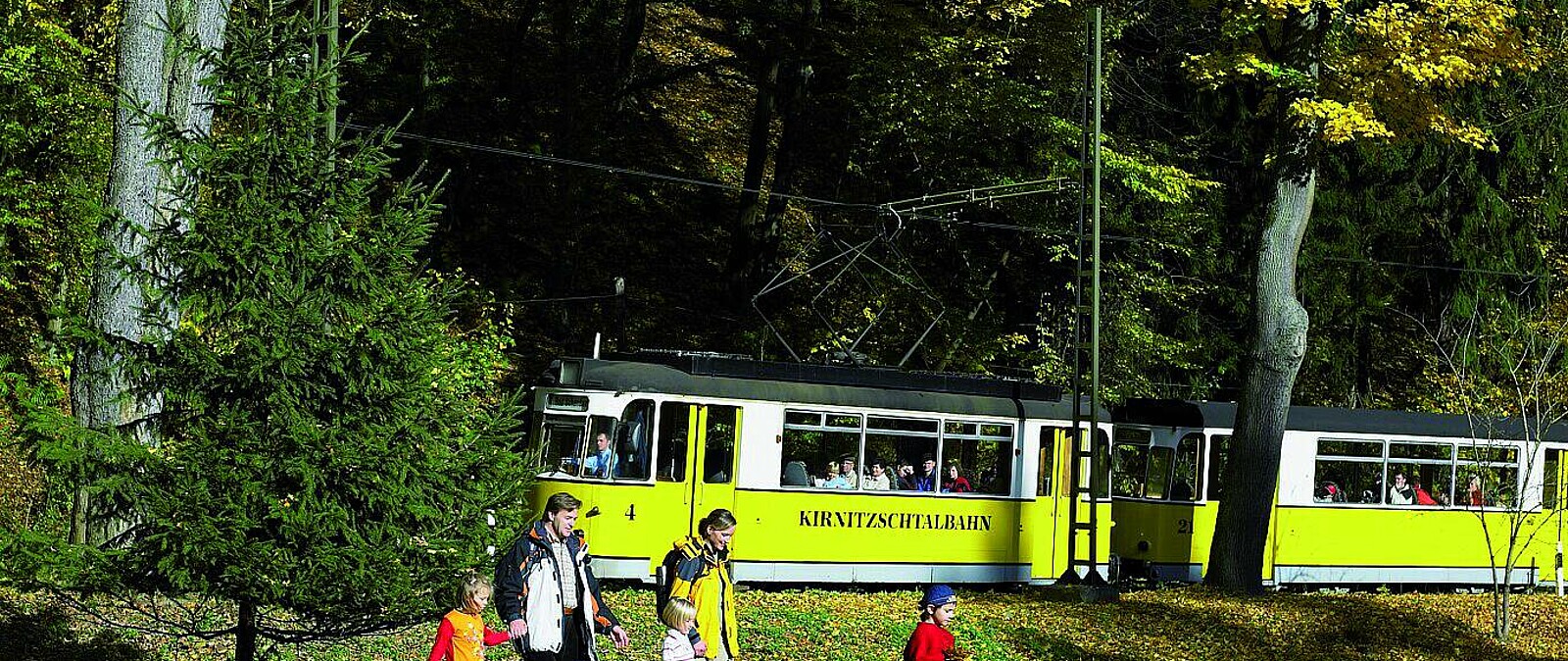 Auf etwa 8 Kilometern begleitet die meterspurige Bahn das Flüsschen Kirnitzsch auf seinem Lauf durch die bizarre Felsenwelt des Elbsandsteingebirges von Bad Schandau zum Lichtenhainer Wasserfall.