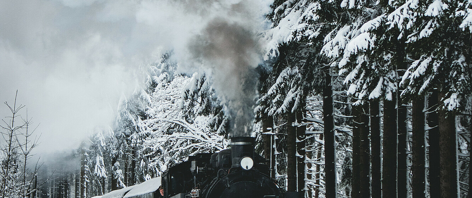 Fichtelbergbahn dampft durch das verschneite Erzgebirge